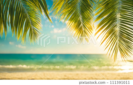 Serene summer beach scene with palm leaves, sand, and sea Serene summer beach scene with palm leaves, sand, and sea 111391011