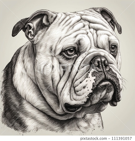 English Bulldog, engraving style, close-up portrait, black and white drawing, cute companion dog, favorite pet 111391057