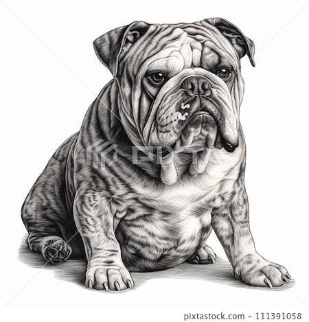English Bulldog, engraving style, close-up portrait, black and white drawing, cute companion dog, favorite pet English Bulldog, engraving style, close-up portrait, black and white drawing, cute companion dog, favorite pet 111391058