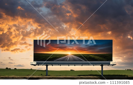 Billboard standing tall beside a bustling highway under a moody sunset sky Billboard standing tall beside a bustling highway under a moody sunset sky 111391085