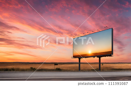 Billboard standing tall beside a bustling highway under a moody sunset sky 111391087