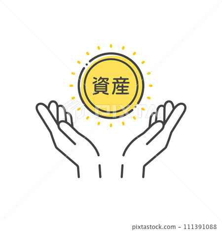 Asset text and icon of a person's hand holding a coin - Simple asset formation image material 111391088