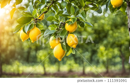 Lemon tree branches laden with bright yellow lemons Lemon tree branches laden with bright yellow lemons 111391091