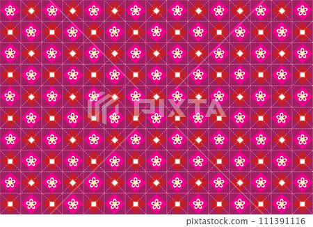 Illustration, pattern of flower on pink square and white line on violet background. 111391116