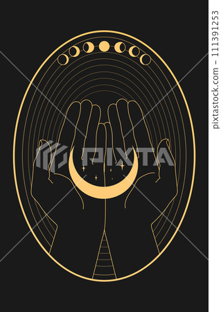 Abstract celestial emblem with human hands holding crescent and stars. Vector illustration 111391253