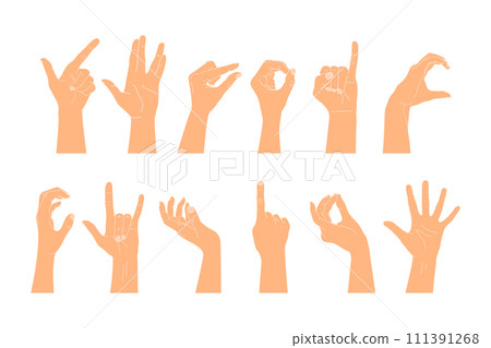 Set of raised human hands showing different gestures. Vector illustration of human hands 111391268