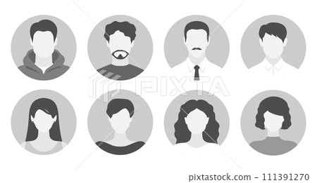 Abstract female and male faceless portraits. Set of woman and man face silhouettes suitable for anonymous profiles, avatars or abstract gender icons. Vector illustration 111391270