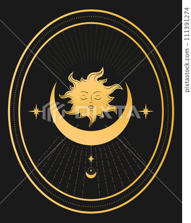 Abstract celestial emblem with a golden sun, crescent and stars on black background. Vector illustration Abstract celestial emblem with a golden sun, crescent and stars on black background. Vector illustration 111391274