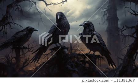 AI-generated content. Three magic black ravens sit on ruins of old gloomy Gothic castle in the night. 111391367