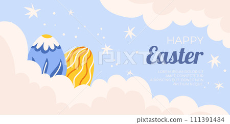 Easter sale horizontal background template for promotion. Design on sky blue background with painted eggs lay on white clouds with stars around. 111391484