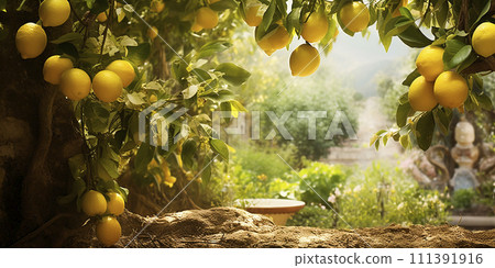 Ripe lemons growing on a lemon tree in the garden. Close-up of lemons and lemon trees in sunlight 111391916