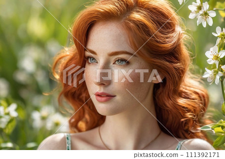 AI-generated content. portrait of a red-haired beautiful woman with freckles and long red hair in spring flowers. AI-generated content. portrait of a red-haired beautiful woman with freckles and long red hair in spring flowers. 111392171