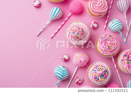 Pink table top on pink background with decorated lollipops and cupcakes, children birthday party 111392521