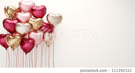 Floating Pink, Red and Gold Real Metallic Balloons Hearts on a White background, for Love Themed Events and Valentine's Greetings Floating Pink, Red and Gold Real Metallic Balloons Hearts on a White background, for Love Themed Events and Valentine's Greetings 111392522