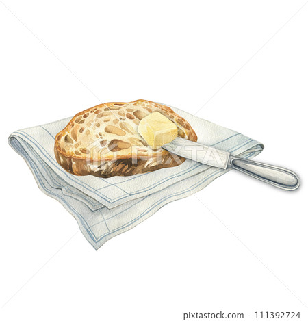 Watercolor slice of bread with butter and knife on napkin. Hand drawn illustration perfect for cooking book and menu 111392724