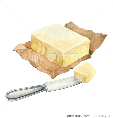 Watercolor butter on a paper with knife and slice of butter. Hand drawn illustration perfect for cooking book and menu Watercolor butter on a paper with knife and slice of butter. Hand drawn illustration perfect for cooking book and menu 111392727