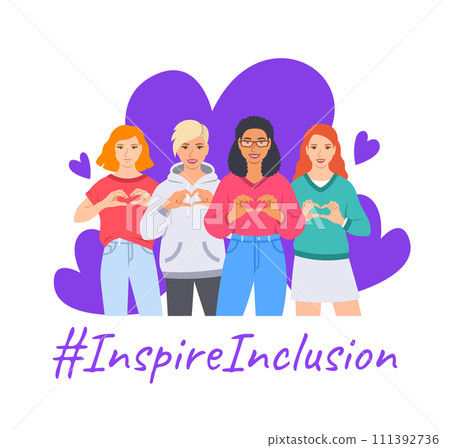 Inspire inclusion campaign pose. International Women's Day 2024 theme. Smiling diverse women make heart symbol with their hands to stop discrimination and stereotypes. Gender equal inclusive world 111392736
