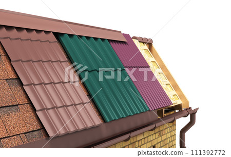 the roof of the house concept different types of roofing on a wooden frame 3d render on white 111392772
