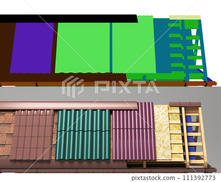 the roof of the house concept different types of roofing on a wooden frame 3d render with alpha 111392773