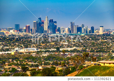 Skyline of Los Angeles in California from Kenneth Hahn State Park 111392821