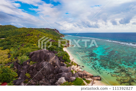 Aerial panorama of Anse Source D'Argent beach, La Digue Island, Seychelles Aerial panorama of Anse Source D'Argent beach, La Digue Island, Seychelles 111392827