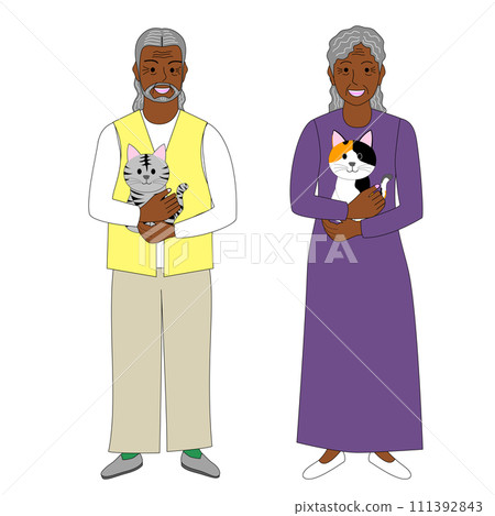 Old black couple holding a cat, white background 111392843