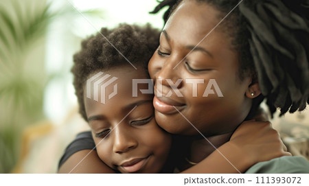 AI-generated content. Black mother hugs her son tightly, their faces touching tenderly, sharing a sweet moment of connection, family relationships 111393072