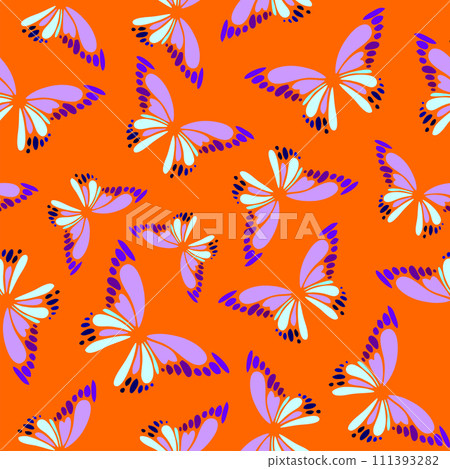 seamless pattern of blue-violet decorative butterflies on an orange background, texture, design 111393282