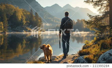 A man and his dog exploring a tranquil lakeside trail 111393284