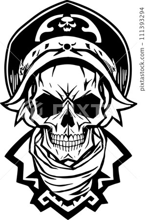 black graphic drawing of a human skull on a white background, isolated element, logo, tattoo 111393294