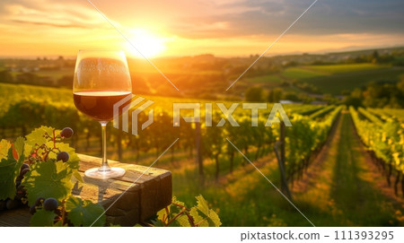 A rustic vineyard landscape at sunset, with rows of grapevines and a glass of red wine 111393295