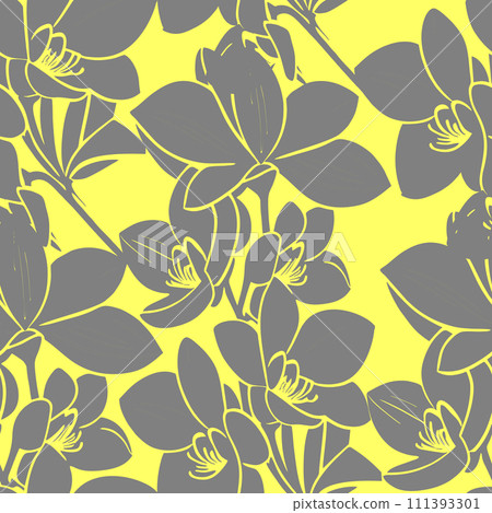 seamless gray-yellow floral pattern, monochrome ornament, design, texture 111393301