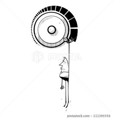 A man precariously hangs off a giant dial A man precariously hangs off a giant dial 111393358