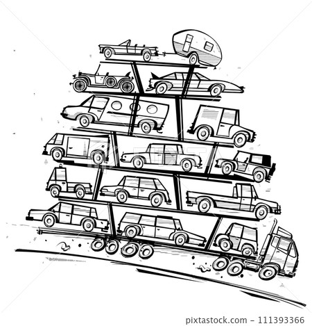An overloaded car transporter speeds down the road 111393366