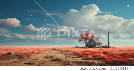 Illustration of a house standing alone in the middle of a field with the vast sky. It can convey many emotions and feelings such as peace, loneliness, freedom, courage, nostalgia, mystery, emptiness. Illustration of a house standing alone in the middle of a field with the vast sky. It can convey many emotions and feelings such as peace, loneliness, freedom, courage, nostalgia, mystery, emptiness. 111393424