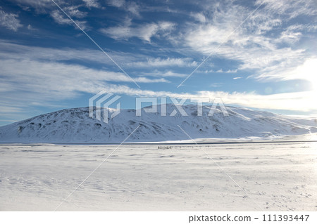 Country with a fresh snow and blue sky, Iceland 111393447
