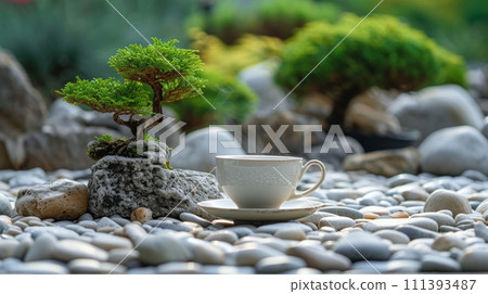 A teacup in a zen garden, surrounded by smooth pebbles and miniature bonsai trees 111393487