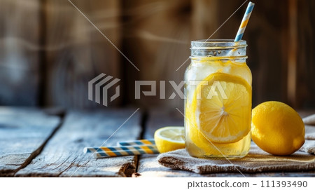 A rustic mason jar filled with lemonade, adorned with a colorful paper straw 111393490