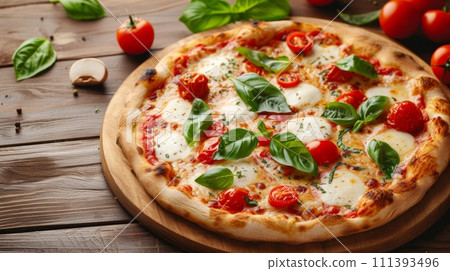 A traditional margherita pizza with a blistered crust, tomatoes, basil, and mozzarella A traditional margherita pizza with a blistered crust, tomatoes, basil, and mozzarella 111393496