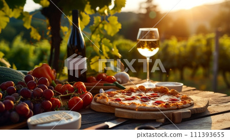A rustic picnic with pizza and wine in a sun-drenched vineyard A rustic picnic with pizza and wine in a sun-drenched vineyard 111393655