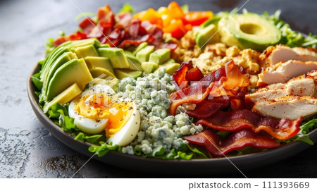 A hearty Cobb salad featuring rows of bacon, eggs, avocado, chicken, and blue cheese crumbles 111393669