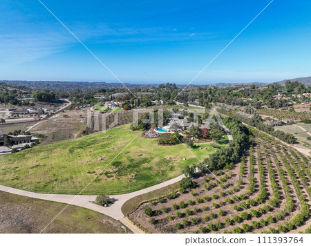 Aerial view over Rancho Santa Fe green valley landscape in San Diego 111393764