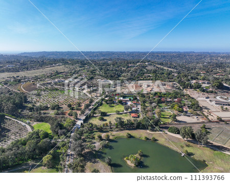 Aerial view over Rancho Santa Fe green valley landscape in San Diego Aerial view over Rancho Santa Fe green valley landscape in San Diego 111393766