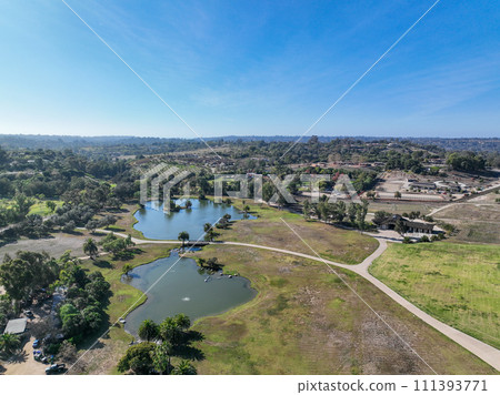 Aerial view over Rancho Santa Fe green valley landscape in San Diego 111393771