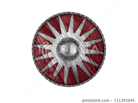 Old decorated wooden round shield isolated on white background 111393840