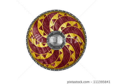Old decorated wooden round shield isolated on white background Old decorated wooden round shield isolated on white background 111393841
