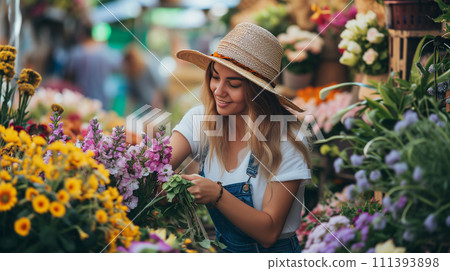 A happy girl enjoys a moment of peace surrounded by flowers at a local flower market. A happy girl enjoys a moment of peace surrounded by flowers at a local flower market. 111393898