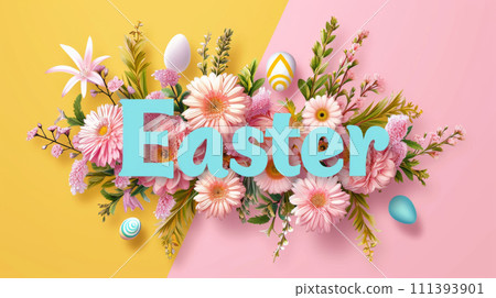 Easter background with flowers, eggs and leaves. 111393901