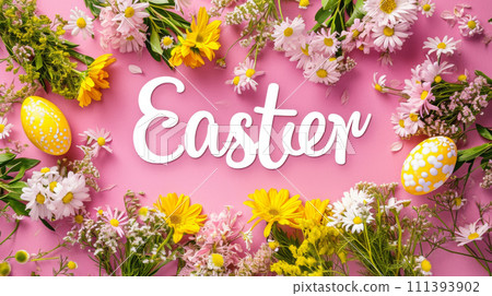 Colorful spring flowers and Easter eggs on pink background. Happy Easter. Colorful spring flowers and Easter eggs on pink background. Happy Easter. 111393902