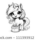 Unicorn girl with a birthday cake sketch illustration 111393912